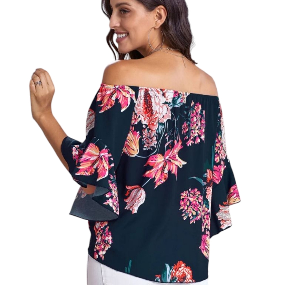 Women's Off-The-Shoulder Vibrant Floral Blouse - Size Large - Picture 3 of 15
